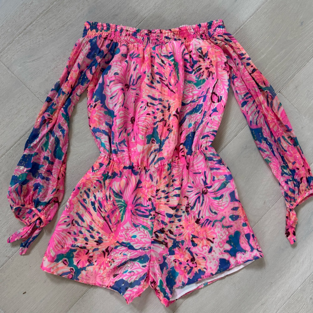 Lilly Pulitzer Pink, Blue and Gold Sparkly Floral Romper - XS